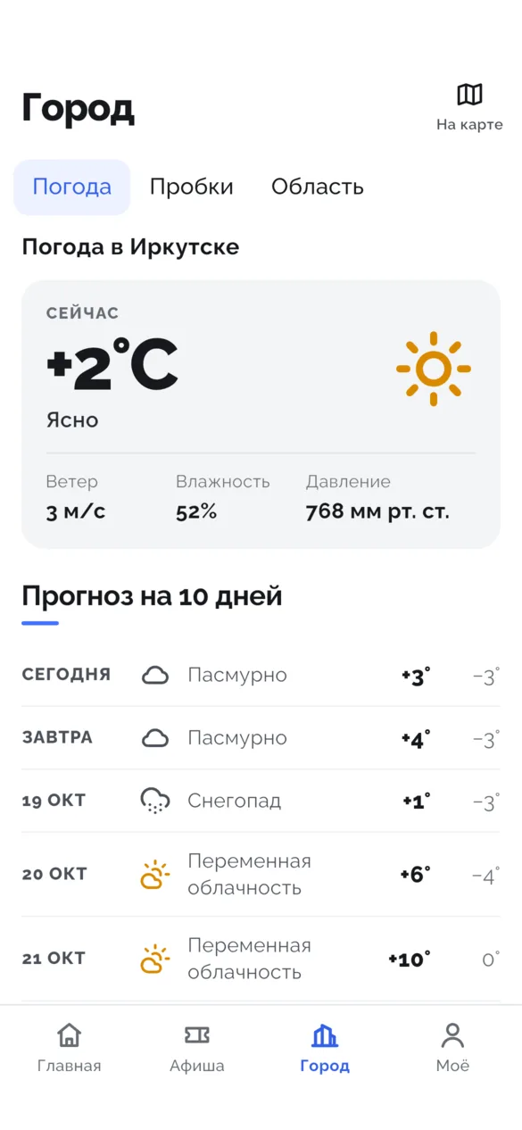 Вкладка «Город», раздел «Погода»: +2 °C, ясно, ветер, влажность, давление и прогноз по дням