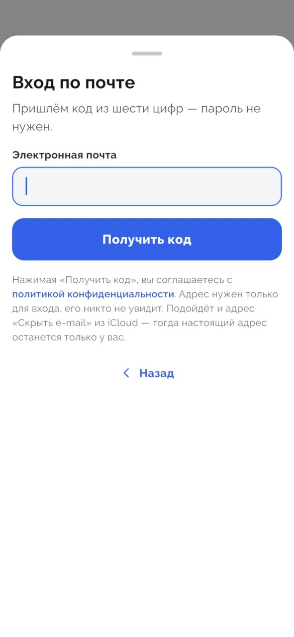 Шторка «Вход по почте»: поле «Электронная почта», кнопка «Получить код» и пояснение про «Скрыть e-mail» из iCloud